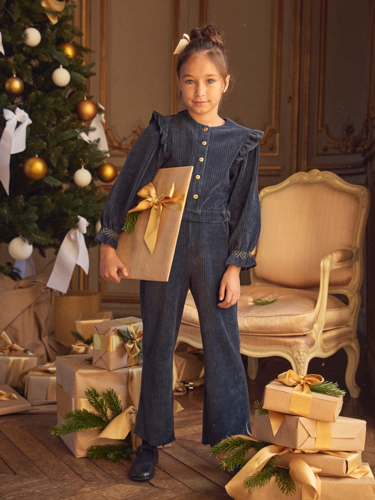 Combinaison Noël bleue marine en velours Fille - Image 2