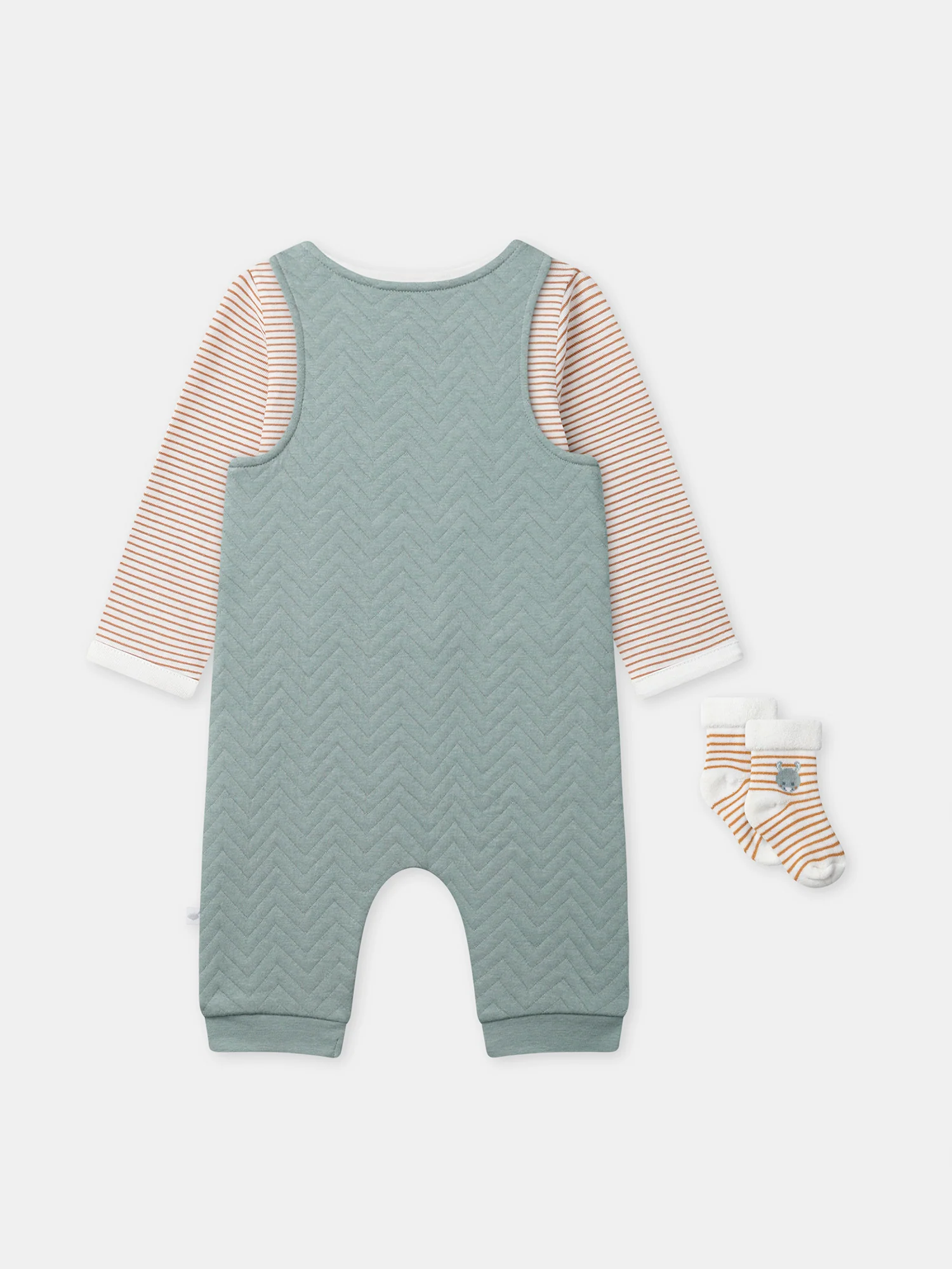 Ensemble salopette bleu grisée + body rayé + chaussettes Naissance Garçon - Image 13