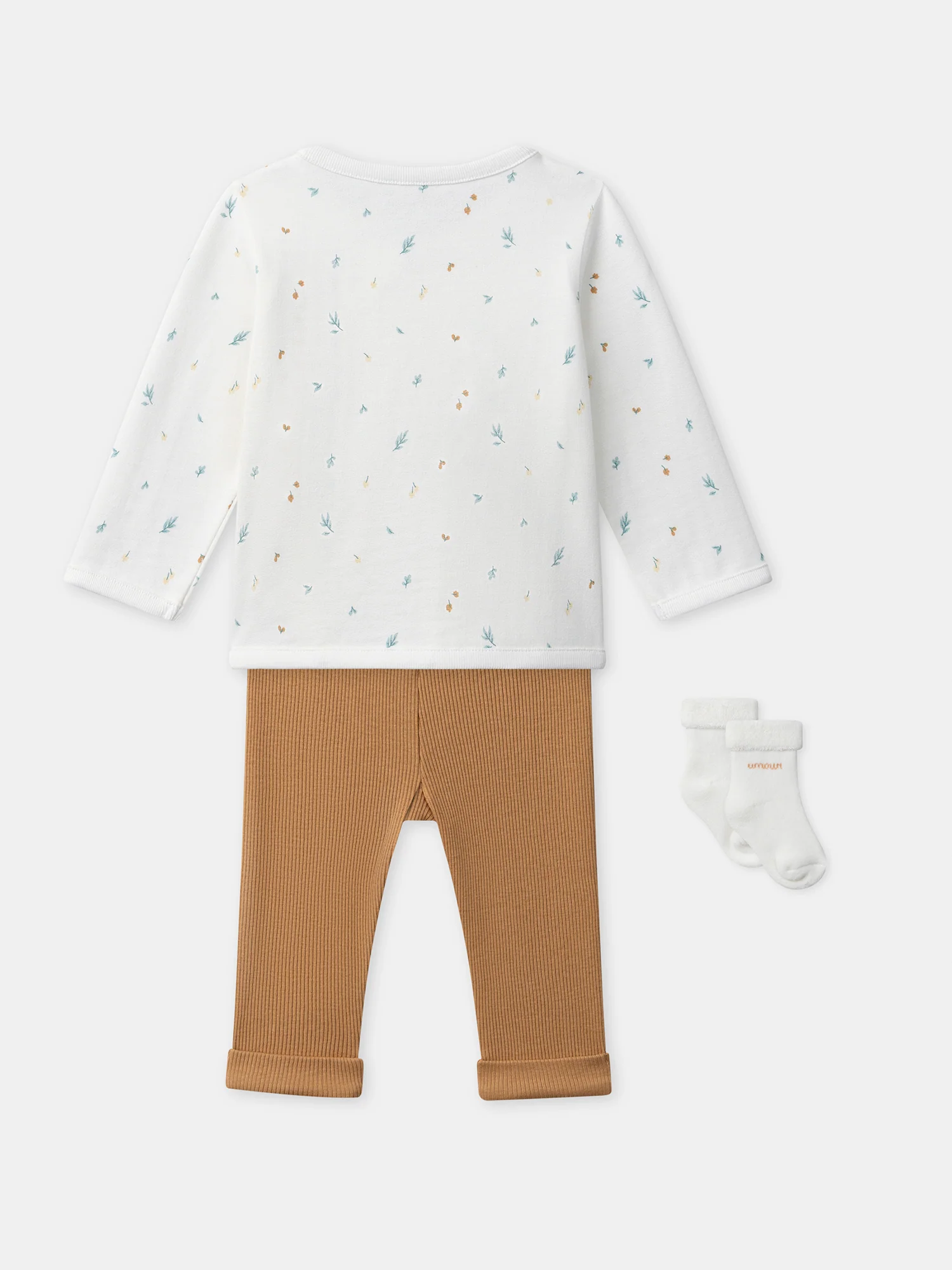 Ensemble haut imprimé feuillage + pantalon marron + chaussettes Naissance Mixte - Image 14