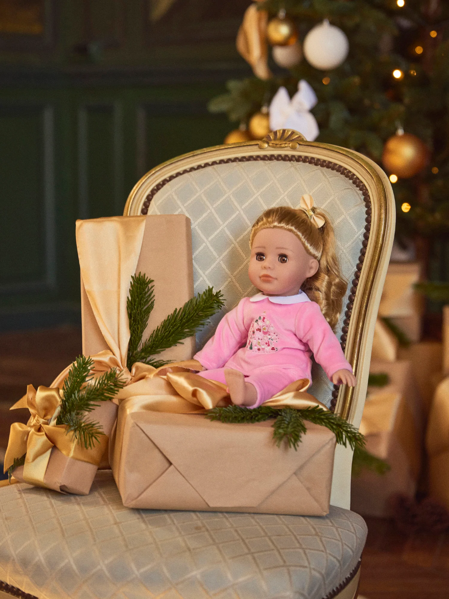 Pyjama poupée rose en velours imprimé noël - Image 4