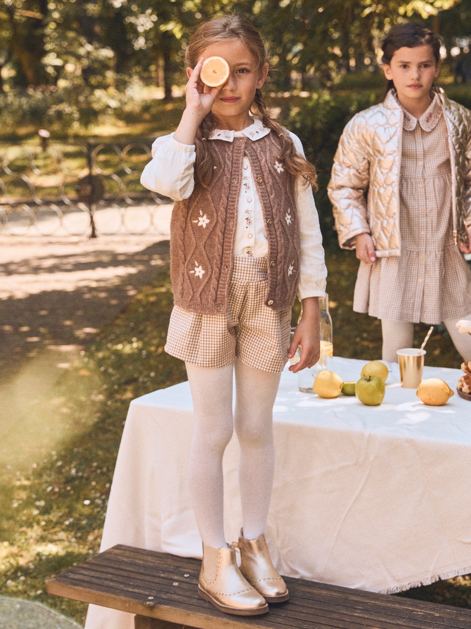 Jupe-short vichy marron et blanc Fille - Image 3