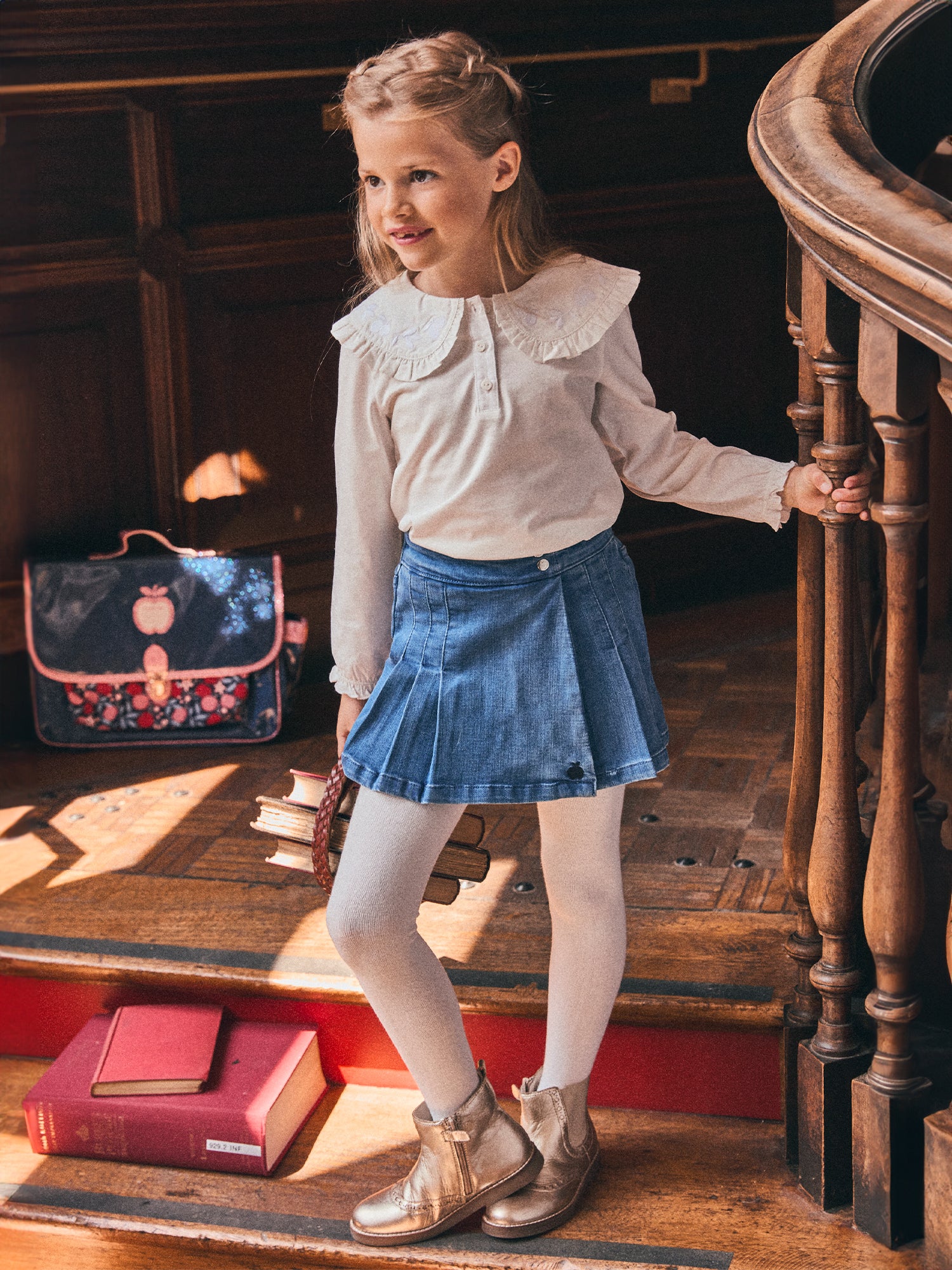 Jupe-short en jean bleu mi-plissée Fille - Image 4