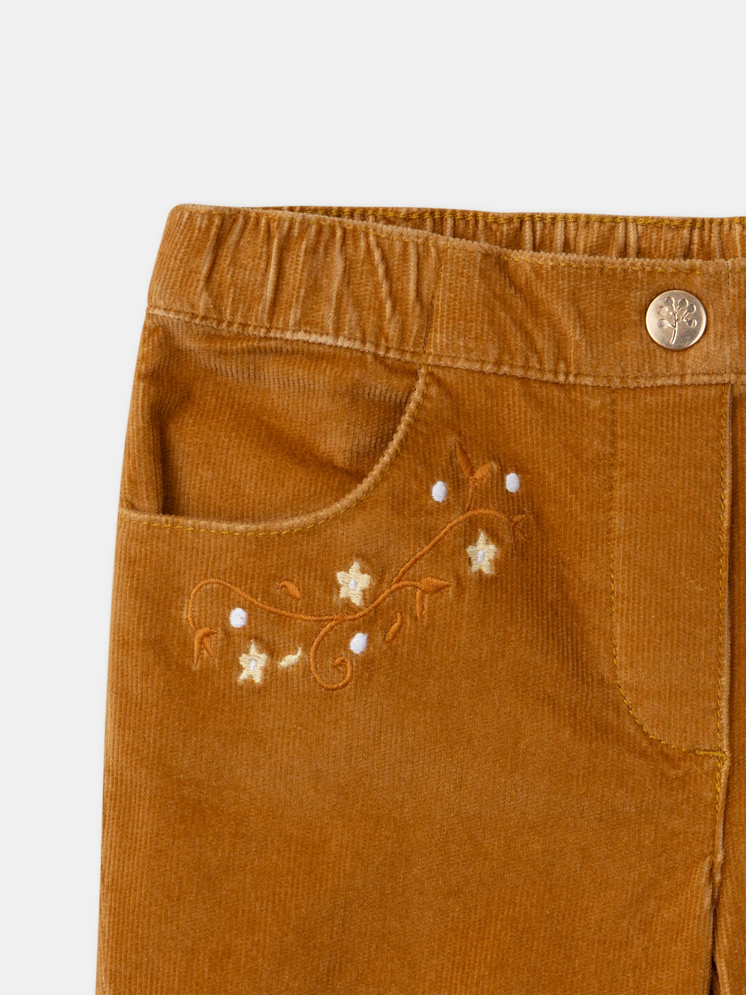 Pantalon marron en velours à broderies fleurs Fille - Image 2
