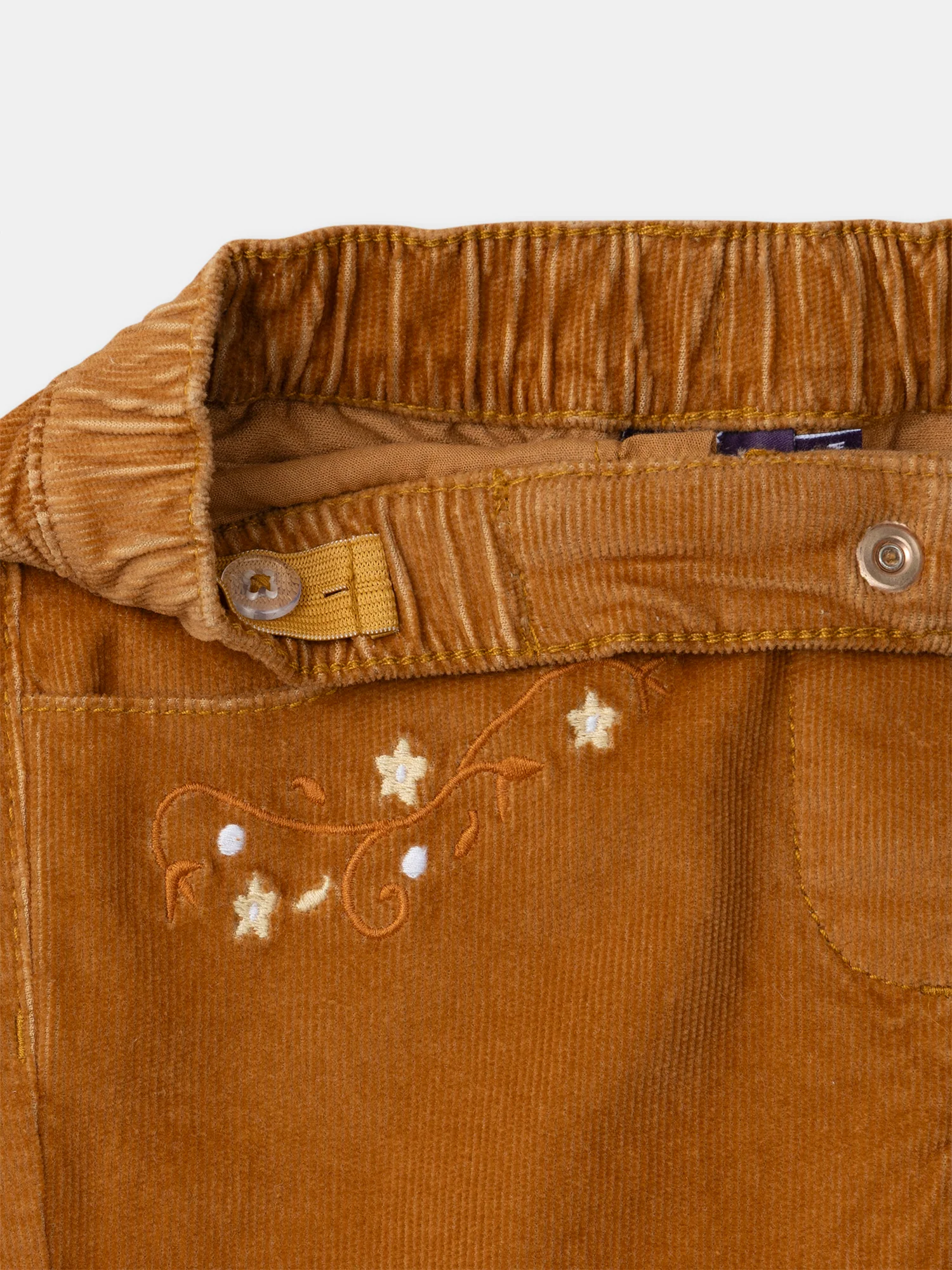 Pantalon marron en velours à broderies fleurs Fille - Image 4