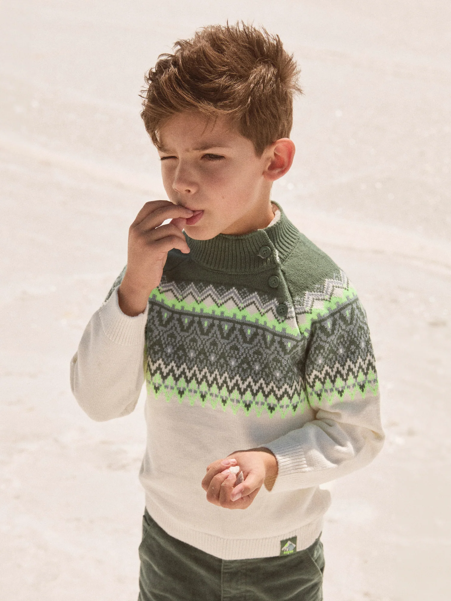 Pull blanc et vert à motif jacquard Garçon - Image 2