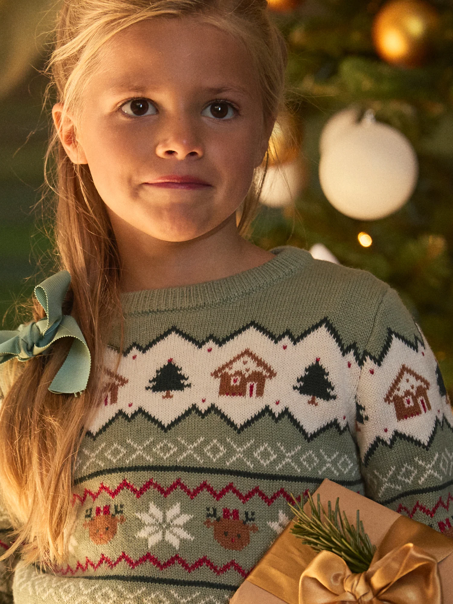 Pull de noël vert sauge Fille - Image 3