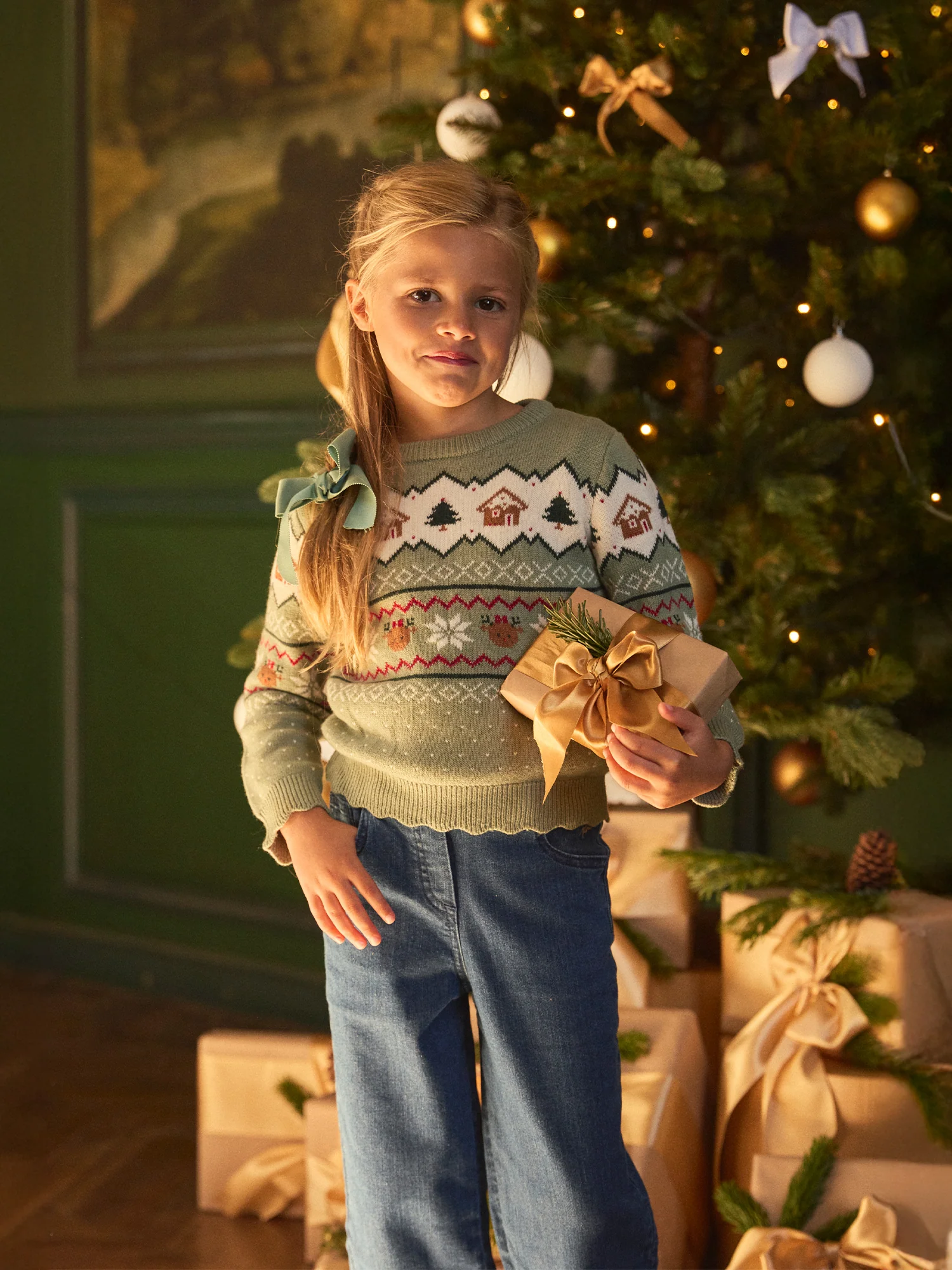 Pull de noël vert sauge Fille - Image 4