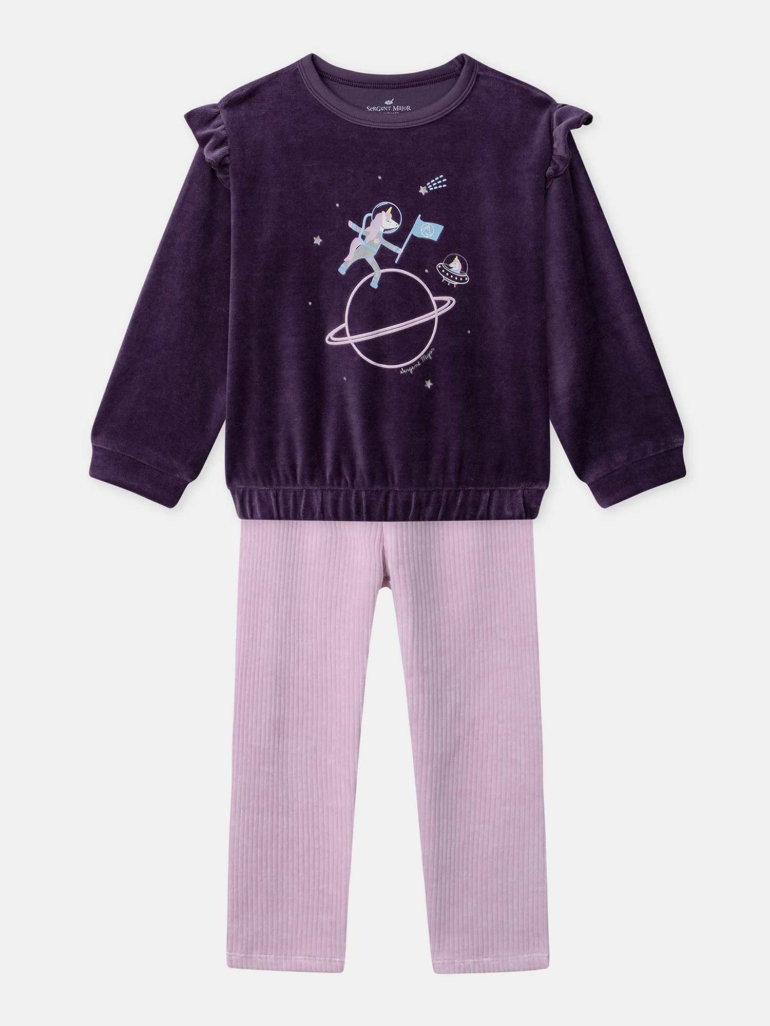 Pyjama rose et violet en velours imprimé licorne Fille