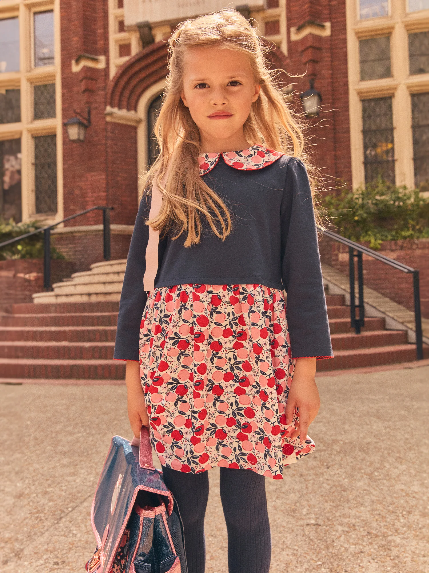 Robe bi-matière bleu marine et imprimé pommes Fille - Image 2