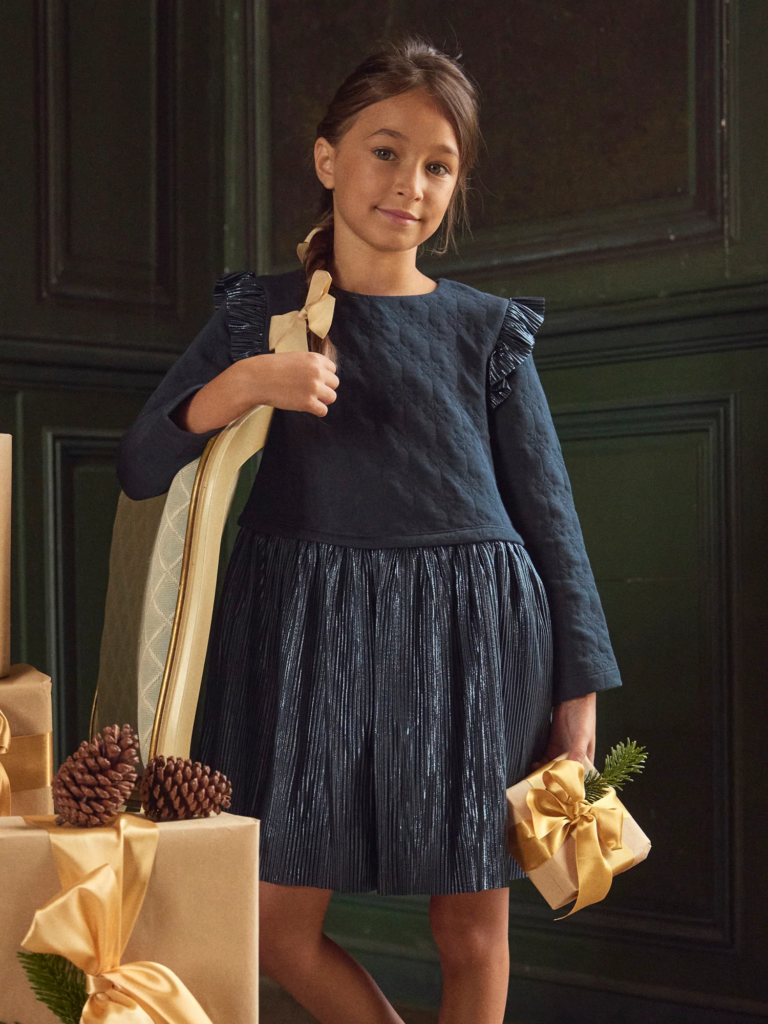Robe Noël bi-matière bleue marine Fille - Image 2