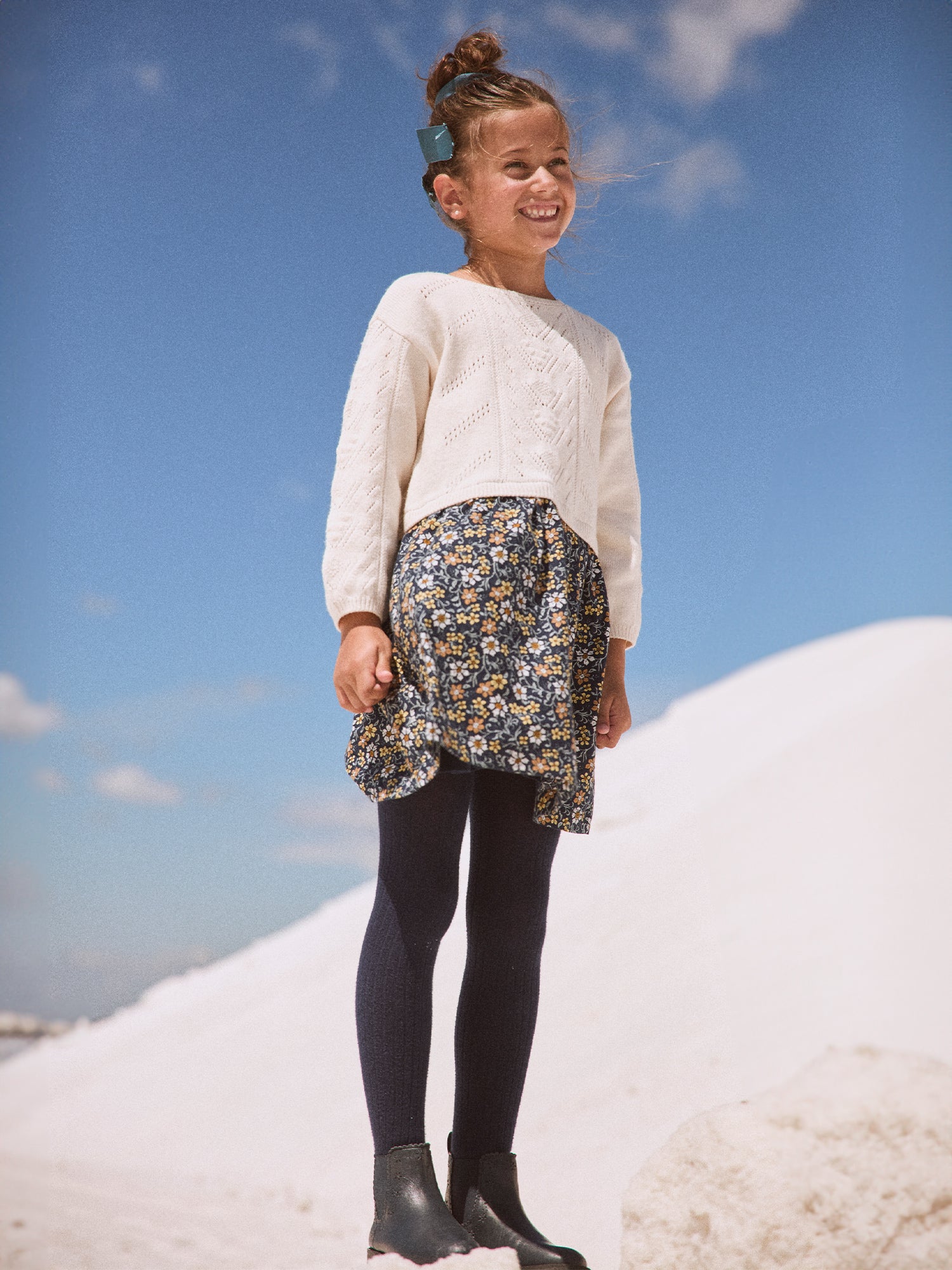 Robe bi-matière pull écru et bas imprimé fleuri Fille - Image 4