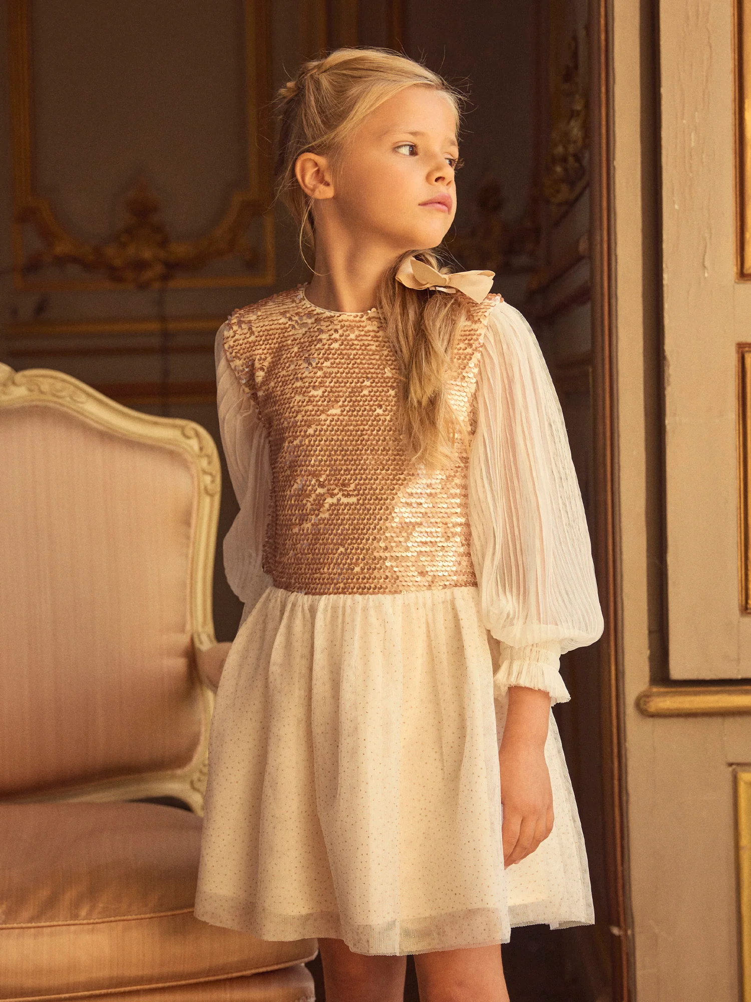 Robe Noël bi-matière écru à sequins et tulles Fille - Image 2