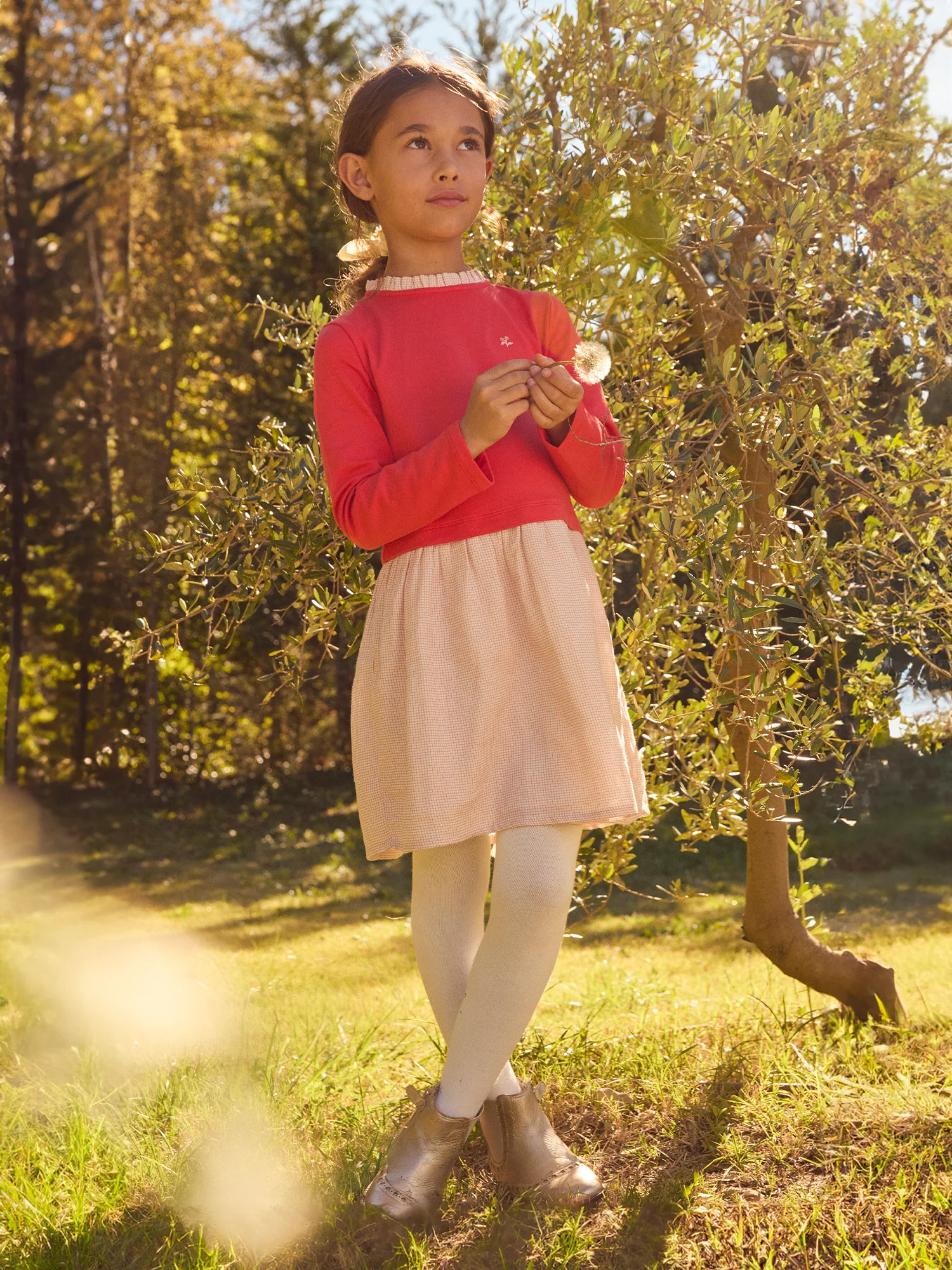 Robe bi-matière rose et à carreaux Fille - Image 5
