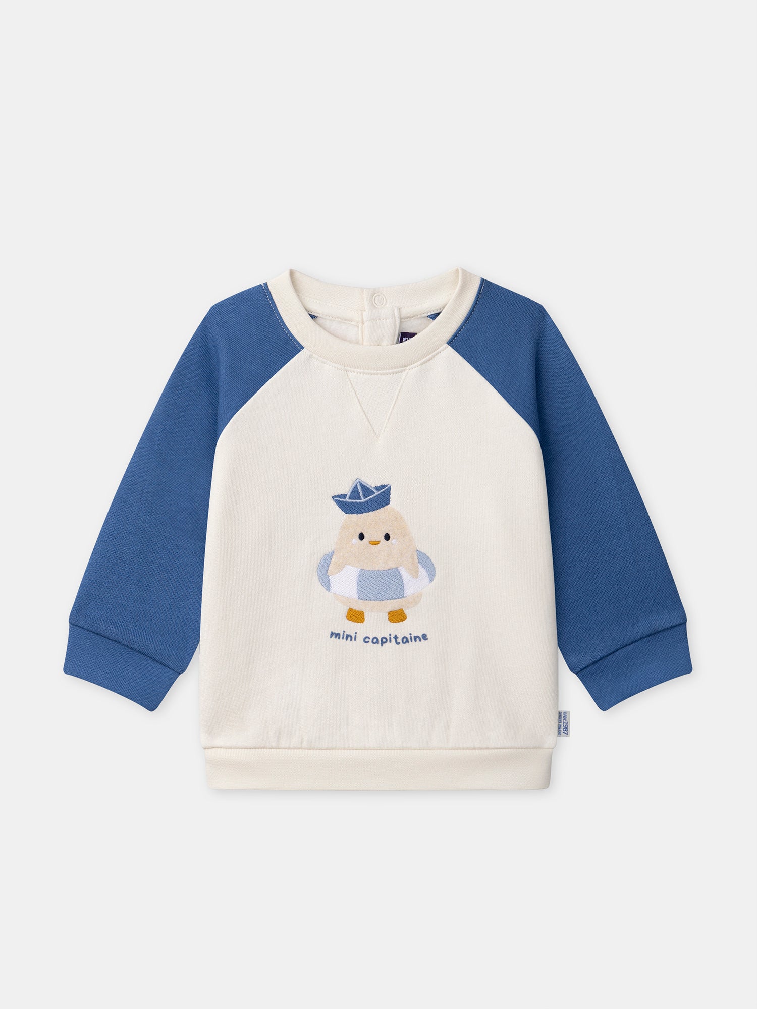 Sweat bleu et écru à broderie poussin Bébé Garçon
