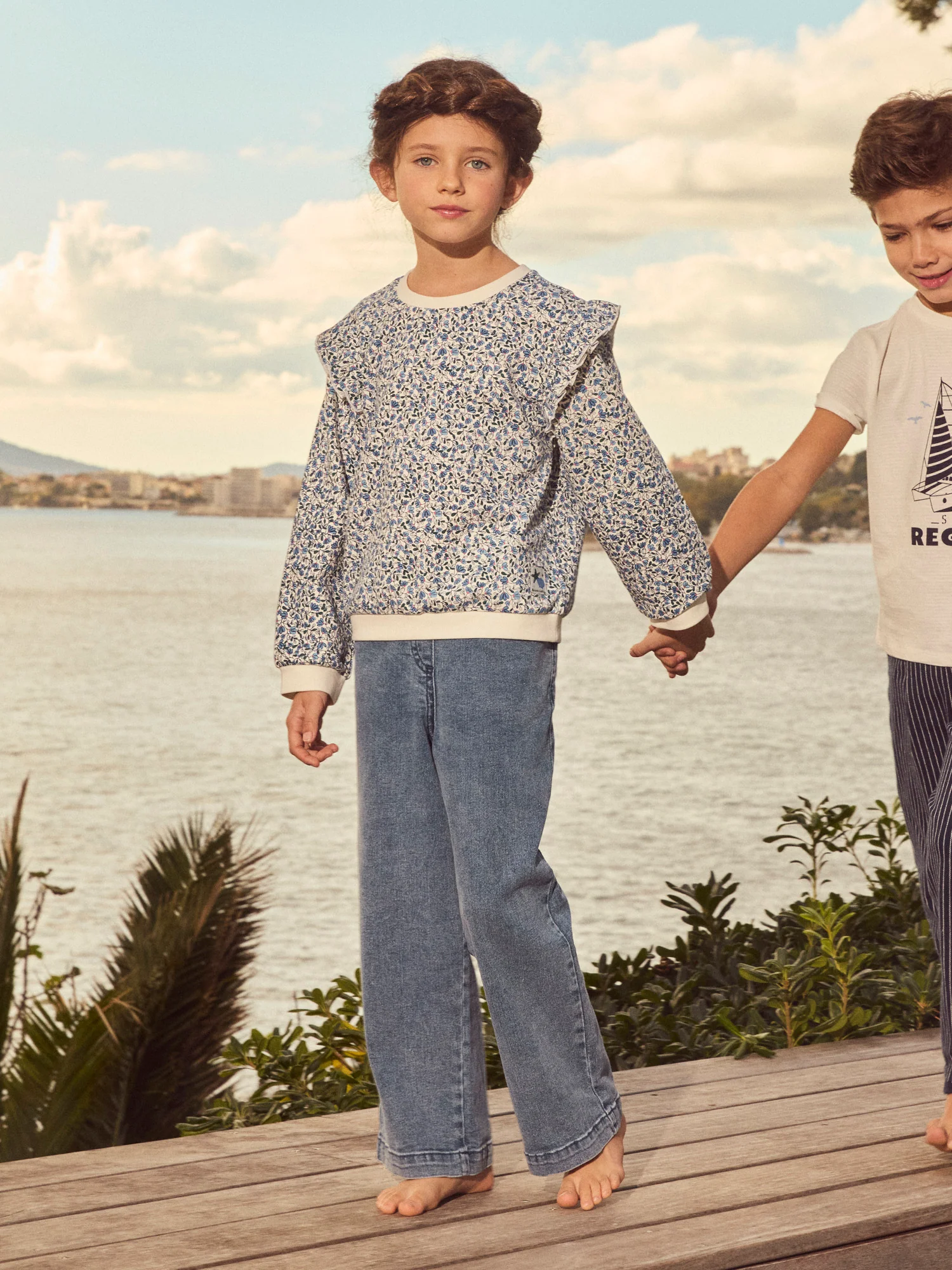 Sweat imprimé fleuri bleu à volants Fille - Image 4