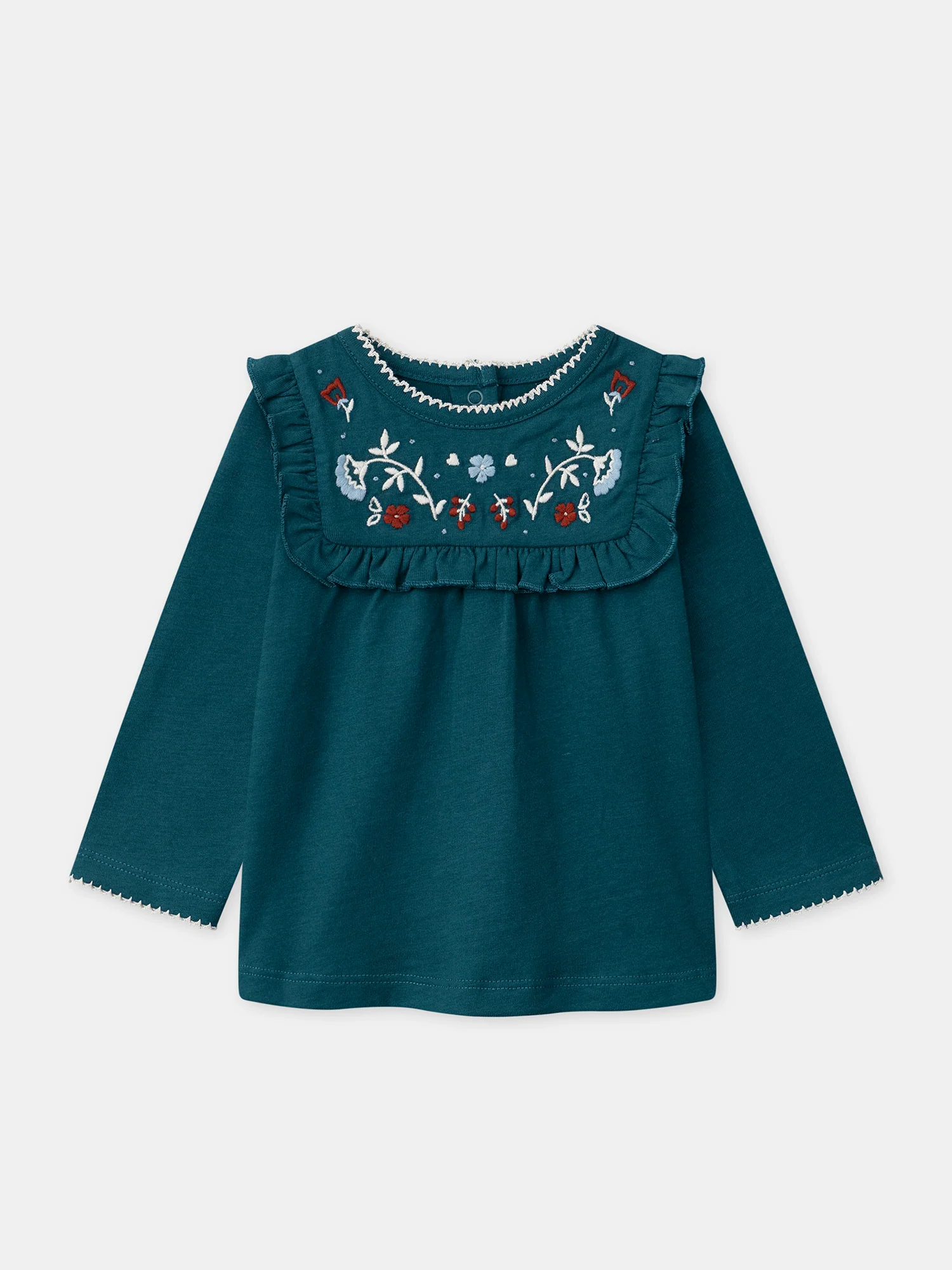 T-shirt bleu à broderies fleurs Bébé Fille