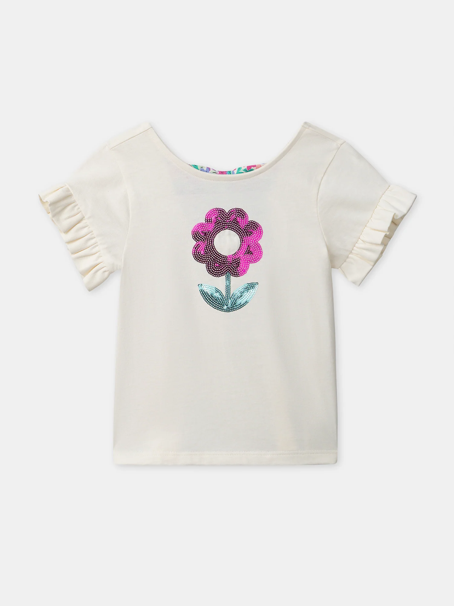 T-shirt blanc fleur à sequins et manches courtes Fille - Image 5