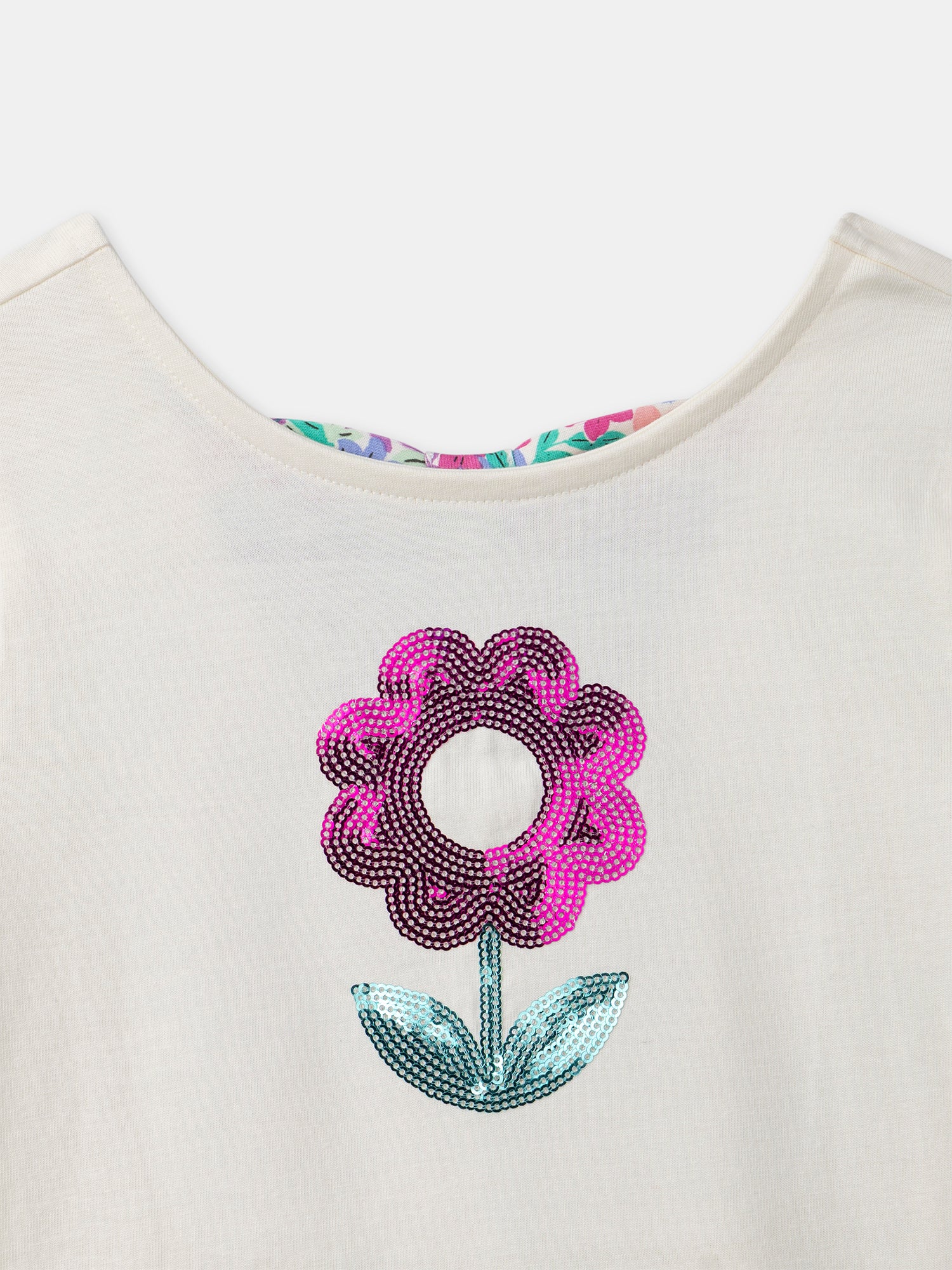 T-shirt blanc fleur à sequins et manches courtes Fille - Image 6
