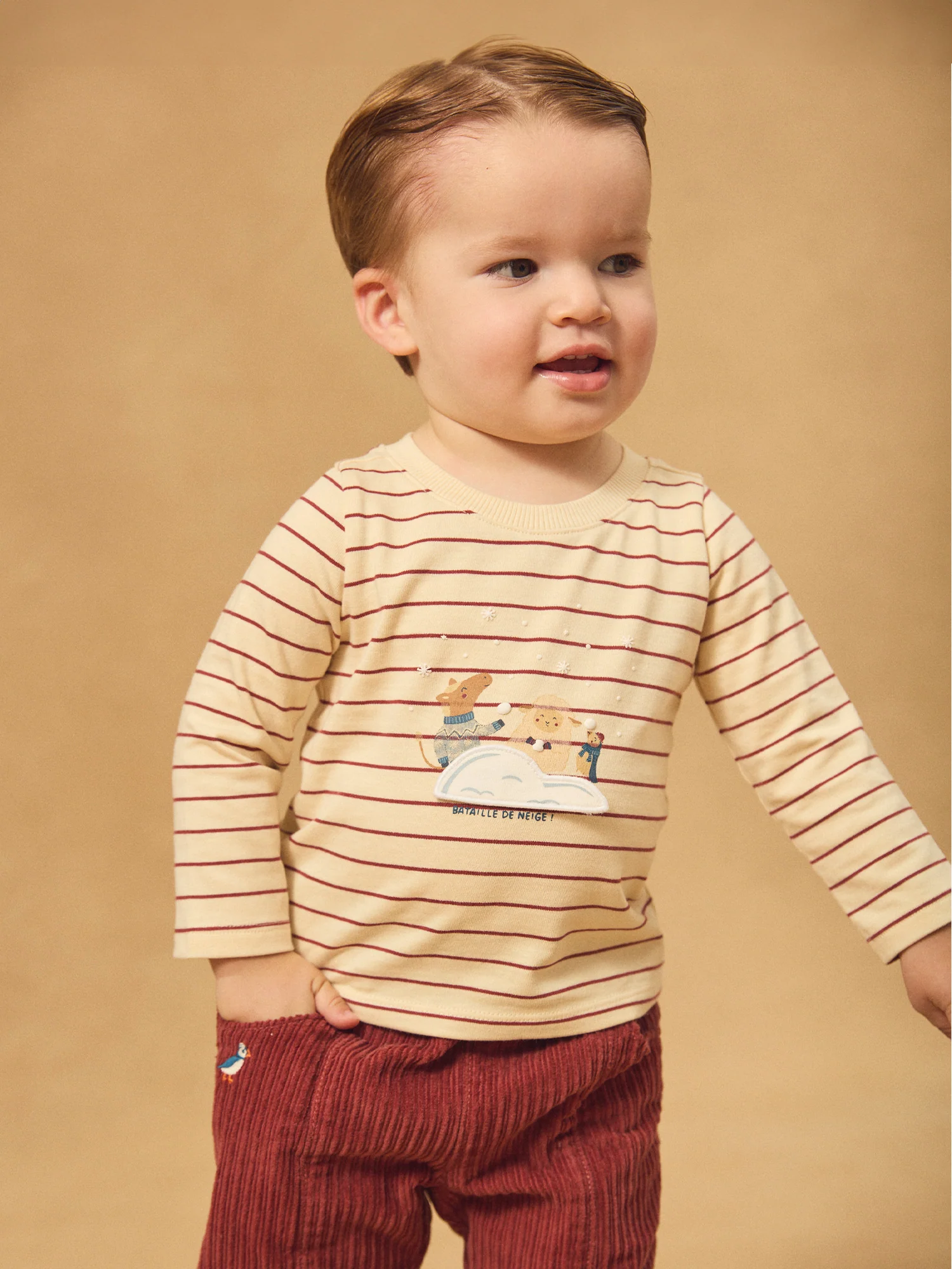T-shirt écru à rayures rouges et manches longues Bébé Garçon - Image 2